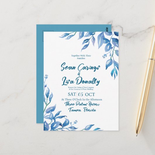 深いブルー結婚式招待状はがき ポストカード (正面/裏面インサイチュ)