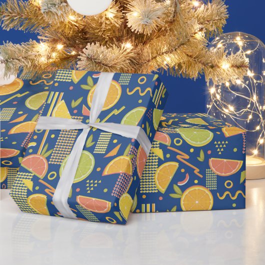 深いブルー80の柑橘類フルーツスライス ラッピングペーパー (クリスマス)