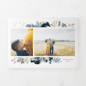 深いブルー&金ゴールドジョイクリスマスフォトホリデーカード 三つ折りクリスマスカード (カバー)