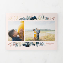 深いブルー&金ゴールドジョイクリスマスフォトホリデーカード 三つ折りクリスマスカード