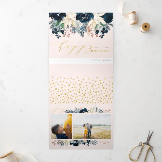 深いブルー&金ゴールドジョイクリスマスフォトホリデーカード 三つ折りクリスマスカード (外部)