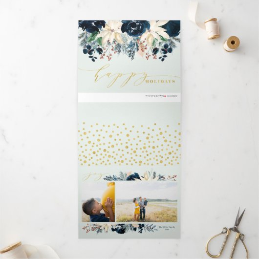 深いブルー&金ゴールドジョイクリスマスフォトホリデーカード 三つ折りクリスマスカード (外部)