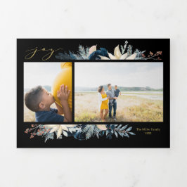 深いブルー&金ゴールドジョイクリスマスフォトホリデーカード 三つ折りクリスマスカード