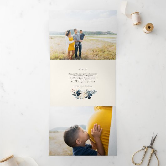 深いブルー&金ゴールドジョイクリスマスフォトホリデーカード 三つ折りクリスマスカード (内部)