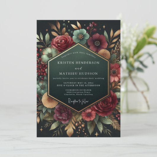 深いプラムの花の豪華な結婚式 招待状 (スタンド正面)