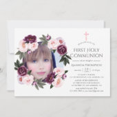 深いベルベットとブッシュピンクのフローラファーストコミューン 招待状 (正面)