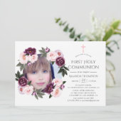 深いベルベットとブッシュピンクのフローラファーストコミューン 招待状 (スタンド正面)