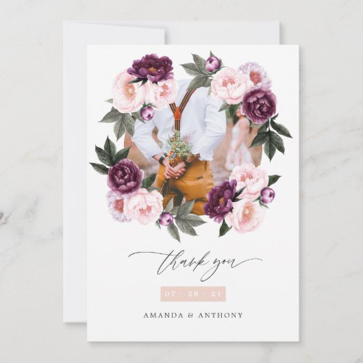 深いベルベットと赤面ピンク結婚フローラの写真 サンキューカード (正面)