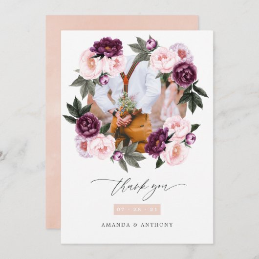 深いベルベットと赤面ピンク結婚フローラの写真 サンキューカード (正面/裏面)