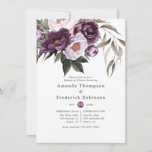 深いベルベットフローラ結婚のリハーサルディナー 招待状 (正面)