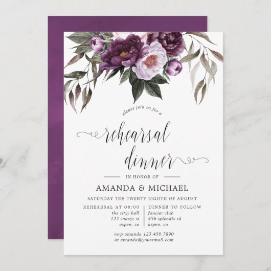 深いベルベットフローラ結婚のリハーサルディナー 招待状 (正面/裏面)