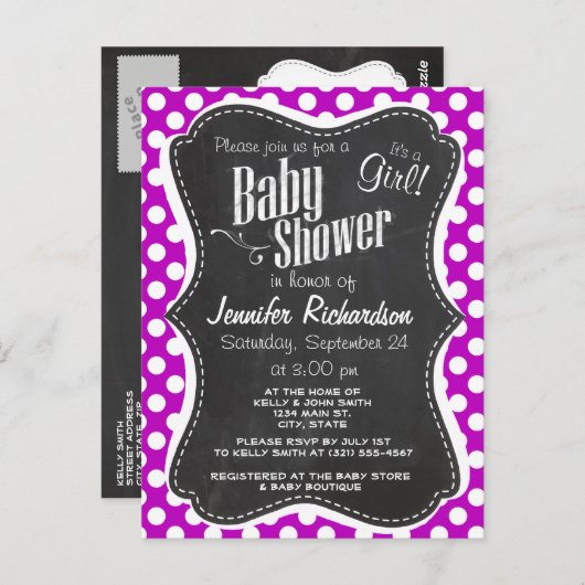 深いマゼンタ水玉模様;黒板ルック ポストカード (正面/裏面)