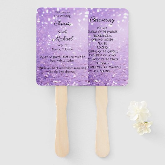 深いモダンパープルグリッター結婚式 プログラム ハンドファン (正面&裏面)