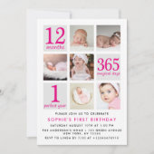 深いモダンピンクフォトコラージュ第1回誕生日 招待状 (正面)