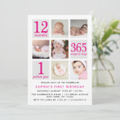 深いモダンピンクフォトコラージュ第1回誕生日 招待状 (スタンド正面)