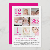 深いモダンピンクフォトコラージュ第1回誕生日 招待状 (正面/裏面)