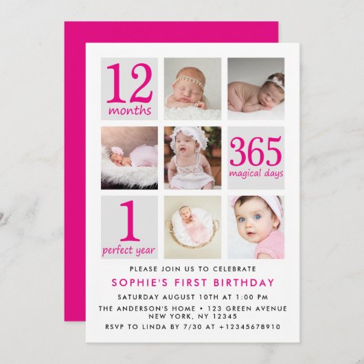 深いモダンピンクフォトコラージュ第1回誕生日 招待状 (正面/裏面)