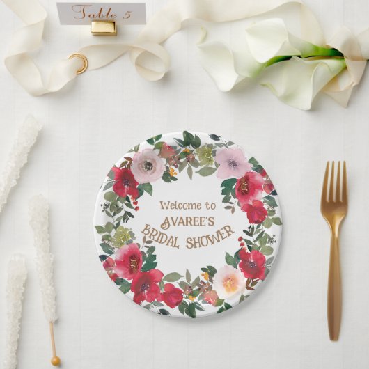 深いレッドとピンクの水カラーバラブライダルシャワー ペーパープレート (ウェディング)