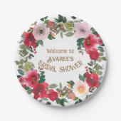 深いレッドとピンクの水カラーバラブライダルシャワー ペーパープレート (正面)