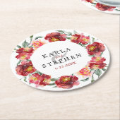 深いレッドウォーターカラーガーデンフラワーズリース ラウンドペーパーコースター (アングル)