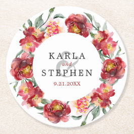 深いレッドウォーターカラーガーデンフラワーズリース ラウンドペーパーコースター