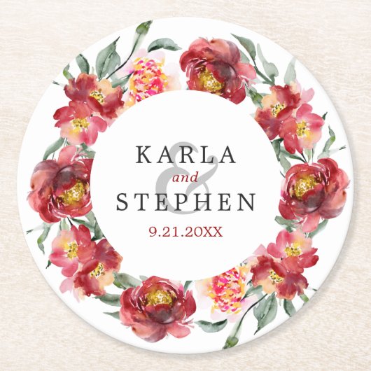 深いレッドウォーターカラーガーデンフラワーズリース ラウンドペーパーコースター (正面)