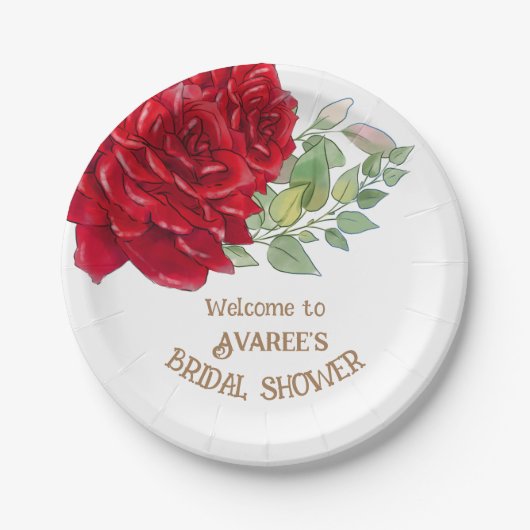 深いレッドウォーター色バラブライダルシャワー ペーパープレート (正面)