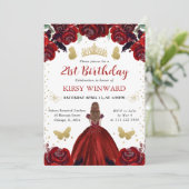 深いレッドドレスレッドヘアプリンセス誕生日 招待状 (スタンド正面)