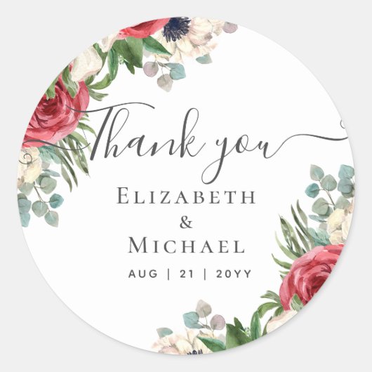 深いレッドネイビーフローラユーカリプトゥスグリーン結婚リー ラウンドシール (正面)