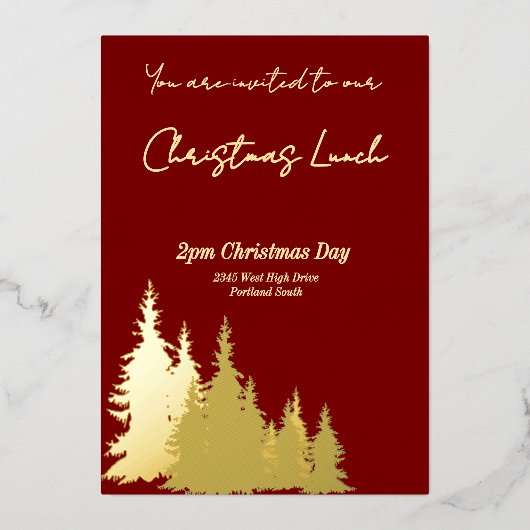 深いレッドバターイエローツリーズメリークリスマス金ゴールド 箔招待状 (正面)