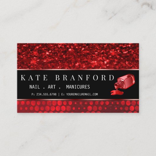 深いレッドフェイクグリッターネイルアートマニキュアサロン 名刺 (正面)
