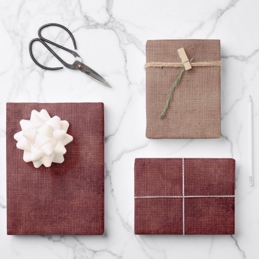 深いレッドフェイクリネン ラッピングペーパーシート (正面)
