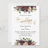 深いレッドブルゴーニュフローラ金ゴールド結婚ズ 招待状 (正面)