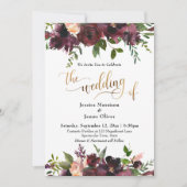 深いレッドブルゴーニュフローラ金ゴールド結婚タイポグラフィ 招待状 (正面)