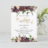 深いレッドブルゴーニュフローラ金ゴールド結婚タイポグラフィ 招待状 (スタンド正面)