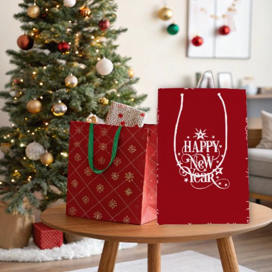 深いレッドホリデーニューイヤー ミディアムペーパーバッグ