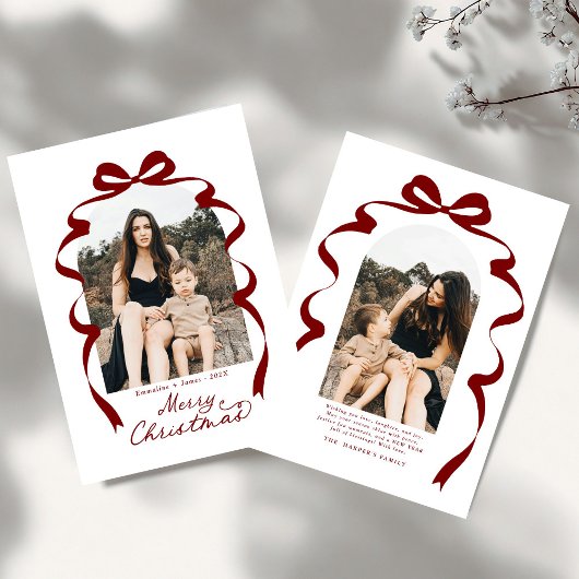 深いレッドボウフォトメリークリスマスアーチ シーズンカード