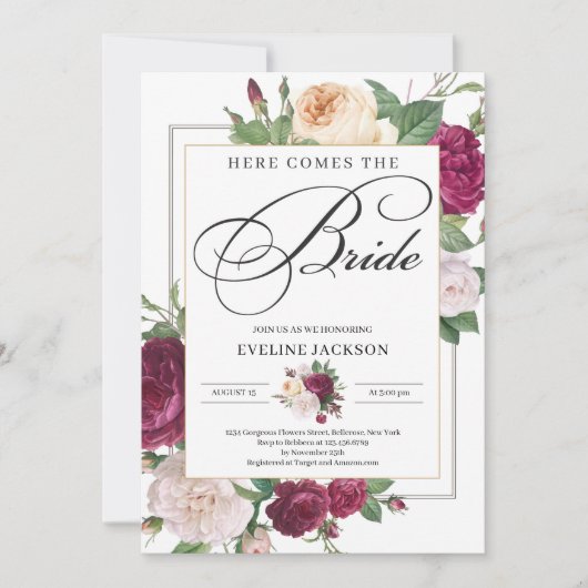 深いレッドマルーンフローラ金ゴールドブライダルシャワー 招待状 (正面)