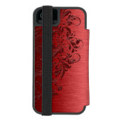 深いレッドメタリックテクスチャ&ダークレッドレース INCIPIO iPhoneウォレットケース (フォリオ裏面)