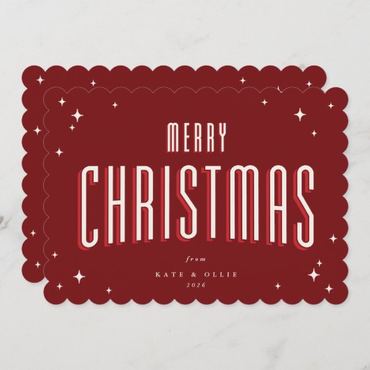 深いレッドメリークリスマスレトロスターズフラット シーズンカード (正面/裏面)
