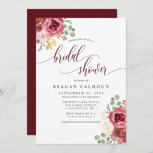深いレッドメルロフローラウォーター色ブライダルシャワー 招待状 (正面/裏面)
