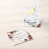 深いレッドローズ新緑結婚金ゴールド スクエアペーパーコースター (インサイチュ)