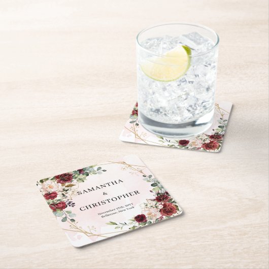 深いレッドローズ新緑結婚金ゴールド スクエアペーパーコースター (インサイチュ)