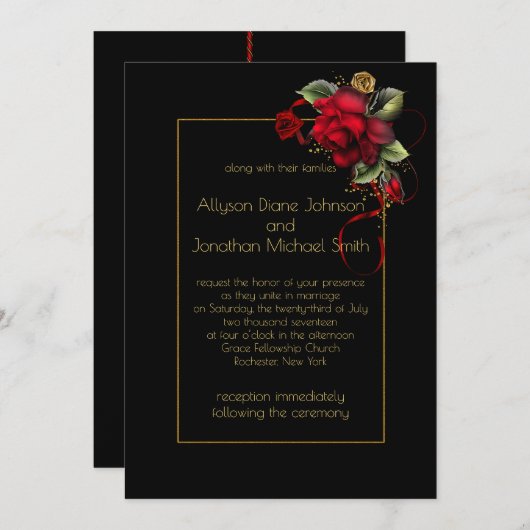 深いレッドローゼズグリーンリー金ゴールドスパークル結婚ズ | 招待状 (正面/裏面)