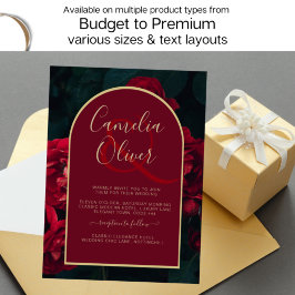 深いレッドローゼズフォレストグリーンウィンターウェディング 招待状