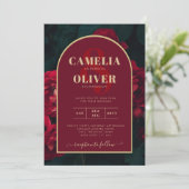 深いレッドローゼズフォレストグリーンウィンターウェディング 招待状 (スタンド正面)