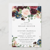 深いレッドワインブルゴーニュ赤面ネイビー結婚ズ 招待状 (正面)