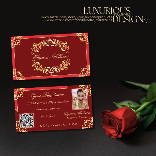 深いレッド華美・ゴールデンと写真とQRコード 名刺