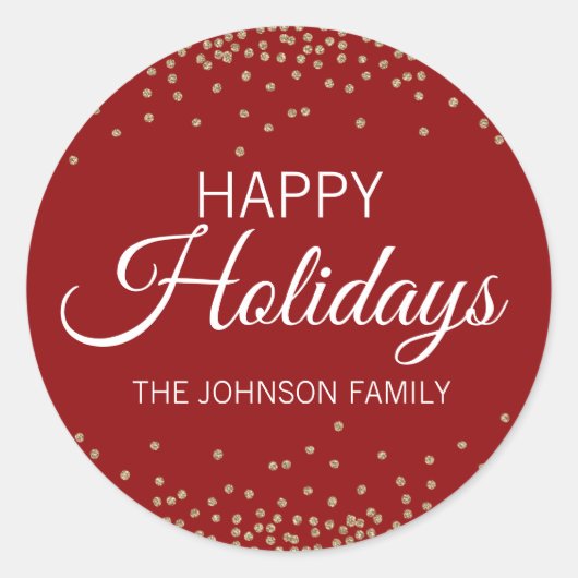 深いレッド金ゴールドグリッター紙吹雪ハッピーホリデー ラウンドシール (正面)