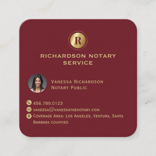深いレッド金ゴールドモノグラムエレガント公証人QR写真 スクエア名刺 (正面)